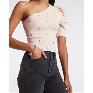 Express Rhinestone Embellished One Shoulder Puff Sleeve Top